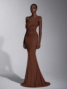 Elitara 2025 New Elegant Brown Mesh One-Shoulder Ruched Decor Fitted Maxi Dress, Suitable For Weddings, Formal Events, Bridesmaid Dresses - Brown - View 6