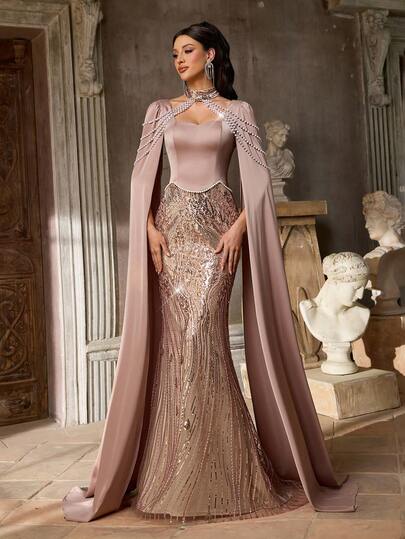 Aureia Elegante, romántico y de moda vestido de fiesta con bajo de cola de pez, decorado con bordados, parches de satén, cuentas y lentejuelas en color café. Vestido elegante para invitada de boda, vestido de color café, vestido de gala elegante y de moda, vestido de dama de honor, vestido de noche formal.