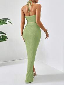 Firerie 2件套纯色吊带背心和不对称下摆扭结半身裙 - 青碧色 - 查看 2