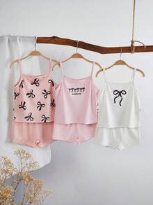 3pcs/Set Pakaian Dalam Anak Perempuan Motif Pita Kupu-kupu Atasan Camisole & Celana Dalam, Warna Pink Muda, Putih, Abu-abu, Set Camisole Musim Panas, Ukuran Kecil, Disarankan Memesan Ukuran Lebih Besar - Red and White - View 1