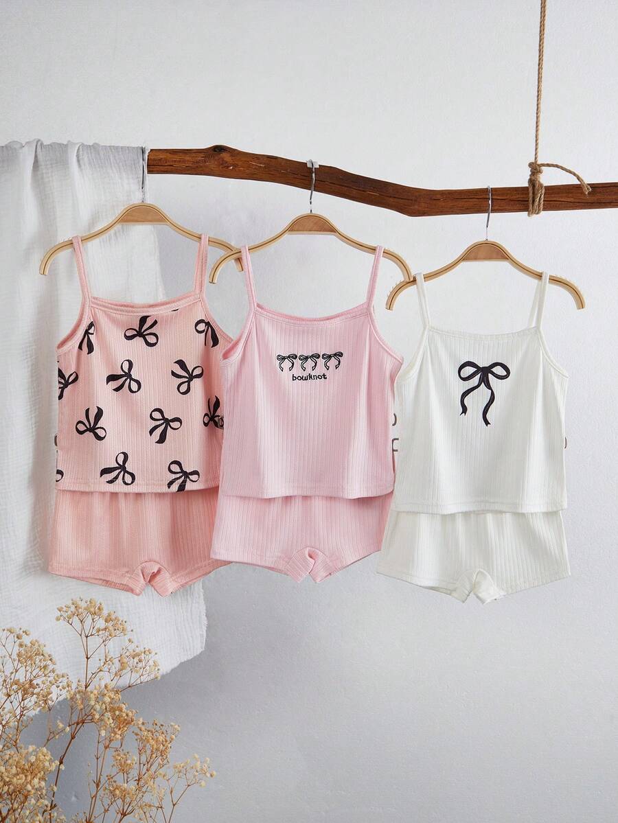 3pcs/Set Pakaian Dalam Anak Perempuan Motif Pita Kupu-kupu Atasan Camisole & Celana Dalam, Warna Pink Muda, Putih, Abu-abu, Set Camisole Musim Panas, Ukuran Kecil, Disarankan Memesan Ukuran Lebih Besar - Red and White - View 1