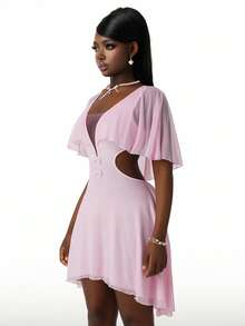 Amplova Đầm ngắn dáng lửng, eo xòe bất đối xứng, màu hồng xuyên thấu, mẫu mới năm 2026. - Hồng - Xem 11