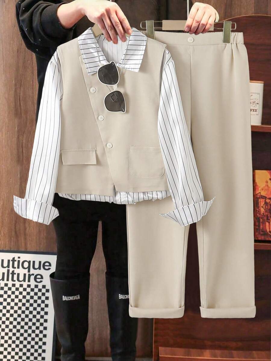 SHEIN 男童休闲两件套:不对称背心+长裤,不含衬衫,不含配饰,适合生日派对、晚宴、婚礼、洗礼、一周岁生日等场合。 - 卡其色 - 查看 1