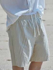 DAZY 男士夏季休闲度假通勤条纹印花抽绳松紧腰短裤 - 藍色 - 查看 5