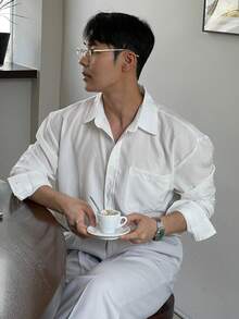 DAZY 男士休闲日常通勤纯色拼接口袋白色长袖衬衫，春夏秋季款 - 白色 - 查看 2