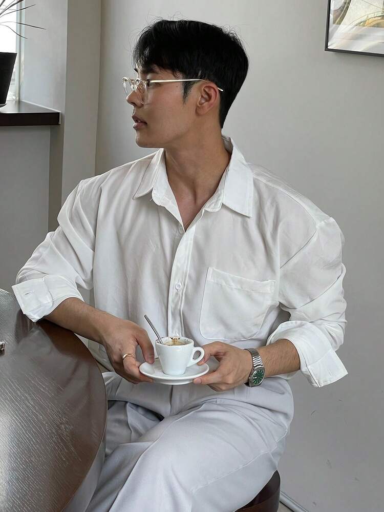 Men's Casual, Everyday, Commuting Solid Color Patchwork Pocket White Long Sleeve Shirt, Spring/Summer/Autumn