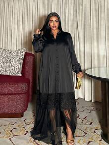 Maweii Plus Size Women Casual Vacation Daily Cardigan With Button, Ruffle Hem & Mesh Patchwork, Loose & Comfortable A-Line Dress - Black - View 4