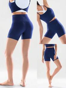 GLOWMODE 6" FeatherFit™ Flex Biker Shorts With Side Pockets Low Impact Yoga Daily - Dark Blue - View 7