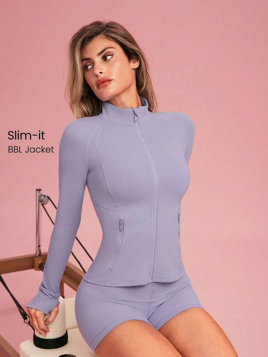 GLOWMODE FeatherFit™ Slim-It Streamline Performance Secure Pockets Zip Up Long Sleeve Jacket Low Impact Yoga Daily Fall - Dusty Purple - View 1