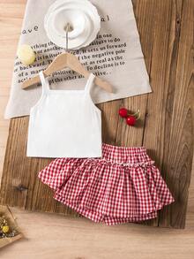 SHEIN Baby Girl Cute Casual Cherry Pattern Knit Camisole & Plaid Elastic Waist Shorts Set - Multicolor - View 3