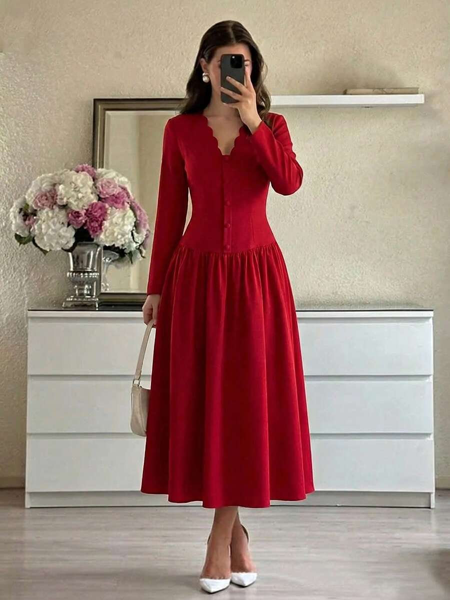 Modelyn 女士春夏红色梭织面料纽扣花卉领长袖收腰A字优雅连衣裙 - 紅色 - 查看 1