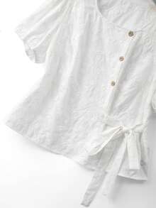 Linhara 女士春夏白色提花泡泡袖衬衫，侧边系带腰身设计，适合下午茶、野餐和约会。 - 白色 - 查看 3