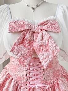 Sweetra Slimming Waist Jacquard Square Neck Short Sleeve Pink Dress - Pink - View 4