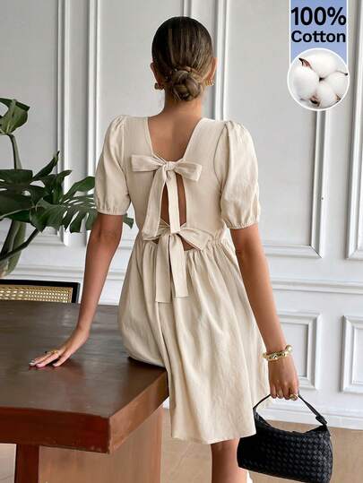 Serisse 女式圆领优雅短袖迷你连衣裙，带蝴蝶结装饰