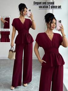 Elenzga New V-Neck Tie-Waist Batwing Sleeve Casual Blouse + Loose Palazzo Pants With Side Pockets Women's 2-Piece Vacation Outfit, Spring/Summer Wide Leg Pants Set Elegant Vacation 2-Piece Set Two Piece Set Women Elegant 2 Piece Sets Woman Classy Designed Specifically For Women, It Exudes An Elegant Style. The Lace-Edged Dress Is A European-Style Summer Top With A Cute Design That Transcends Age Boundaries. Elegant, Vacation, Casual, Graduation Season Outfits, Fashionable Casual Commuting Wear, Business - Burgundy - View 1