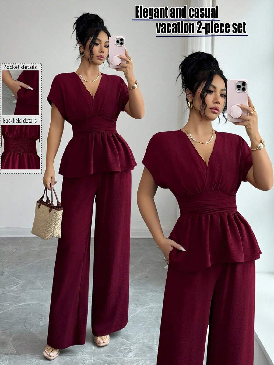 Elenzga New V-Neck Tie-Waist Batwing Sleeve Casual Blouse + Loose Palazzo Pants With Side Pockets Women's 2-Piece Vacation Outfit, Spring/Summer Wide Leg Pants Set Elegant Vacation 2-Piece Set Two Piece Set Women Elegant 2 Piece Sets Woman Classy Designed Specifically For Women, It Exudes An Elegant Style. The Lace-Edged Dress Is A European-Style Summer Top With A Cute Design That Transcends Age Boundaries. Elegant, Vacation, Casual, Graduation Season Outfits, Fashionable Casual Commuting Wear, Business - Burgundy - View 1