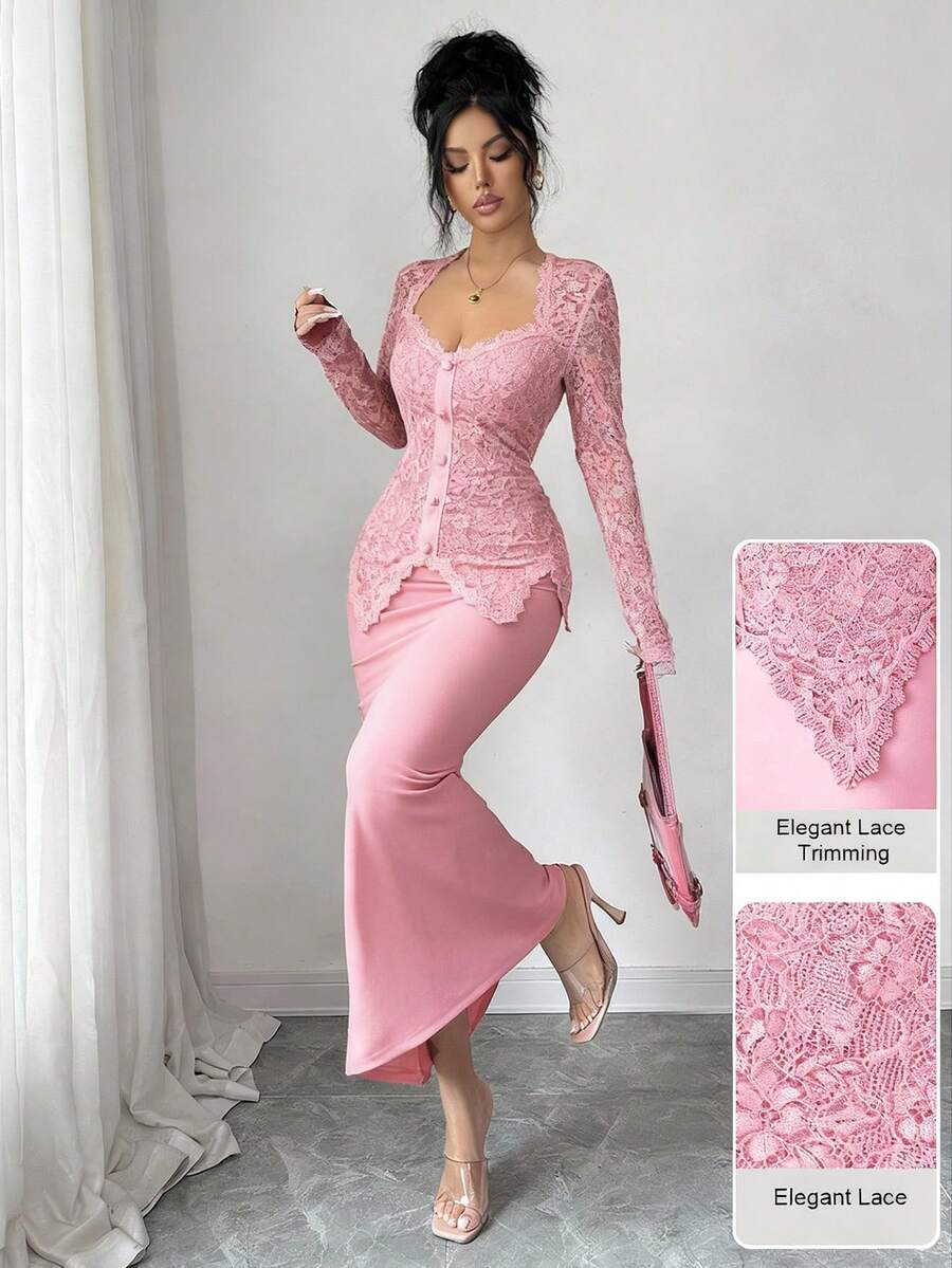 Modelyn Square Neck Lace Patchwork Button Waist Fitted Midi Dress For Women - Pink - View 1