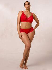 SHEIN BAE 2pcs Plus Size Lace Patchwork Underwire Bra & Panty Set, Lift - Red - View 3