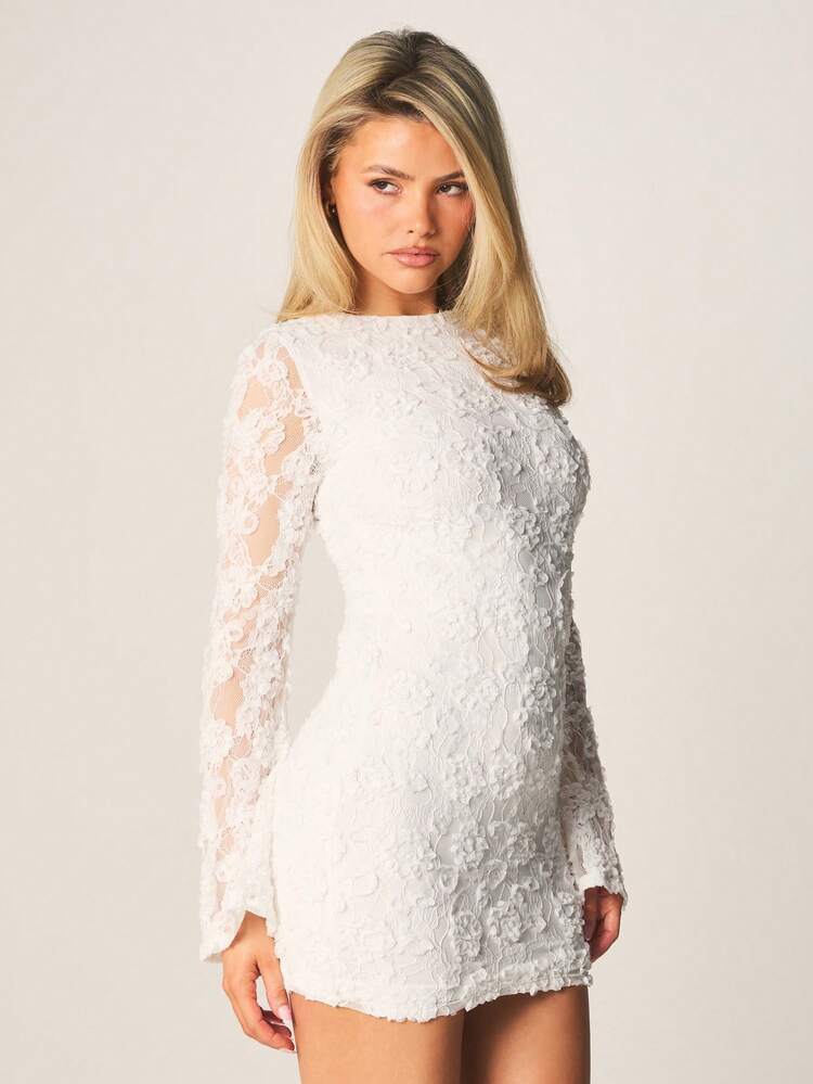 MISSGUIDED Elegantes Minikleid mit hohem Kragen, Langarm, Spitze, körperbetonter Passform für Party, Urlaub, formelle Anlässe, enganliegende transparente Ärmel, sophisticated