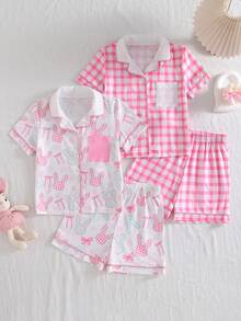 Conjunto de pijama de 4 piezas para niñas con estampado a cuadros y diseño de conejo, con polo de cuello corto y pantalones cortos - Multicolor - Ver 4