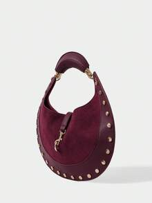 SHECARRY Ladies Vintage Semicircle Bag With Rivet Trim And Exquisite Hardware - Burgundy - View 2