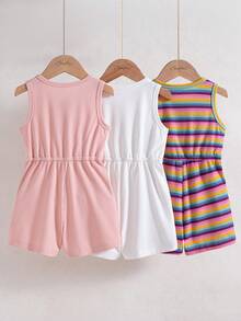SHEIN Playful Pals 3件組女嬰幼兒可愛休閒Y2K粉色條紋彩色彩虹素色羅紋針織無袖鈕扣連身褲夏季度假套裝 - 彩色 - 查看 2