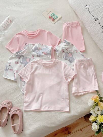 SHEIN Set de 6 piezas de camiseta de cuello redondo, cómoda y elegante, de manga corta, con estampado de rayas/elefantes, y pantalones cortos holgados, un conjunto casual y versátil para el hogar, ideal para primavera/verano para niñas bebés