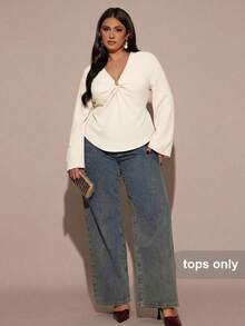 SHEIN BAE Women Plus Size V-Neck Ruffle Long Sleeve Top, Autumn/Winter - Apricot - View 4