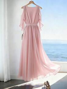 Franclia 女士优雅柔粉色V领雪纺连衣裙，尽显女性柔美气质，长款薄纱沙滩度假连衣裙 - 淺粉色 - 查看 2