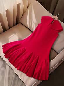 Vestido de fiesta elegante tipo ball gown para niñas preadolescentes, vestido de muñeca sin mangas con ribete de volantes, decoración de moño 3D y cuentas, vestido de estilo sofisticado para primavera/verano - Rojo - Ver 5