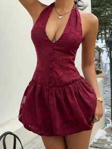 Sunnyshic Women's Casual Elegant Cutout Chiffon Texture Halter Tie Bow Hem Short Dress, Versatile For Daily Wear, Vacation, Spring/Summer - Burgundy - View 6