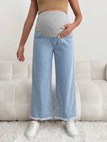 SHEIN Maternity Casual Loose Blue 3/4 Jeans With Gray Waistband Patchwork - Light Wash - View 5