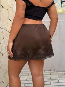 Rustia Brown Satin & Tweed Patchwork Elegant Vacation A-Line Skirt, Waist Cinched, Flared Hem, Flattering - Coffee Brown - View 2