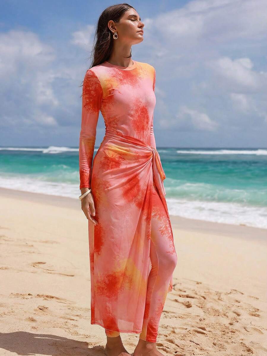 Swim Shayni 女士扎染印花长袖拉链连体泳衣，适合海滩度假 - 彩色 - 查看 1