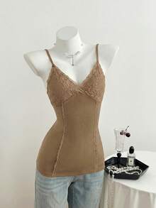 Elamini Women's Lace Patchwork, Knitted High Elasticity Ribbed Camisole Tan Tops Women Camisole Tops For Women Women's Tops For Summer Lace Undershirt Layering For Ladies Lace Cami Undershirt Inner Camisole For Dress Lace Camisole - Coffee Brown - View 5