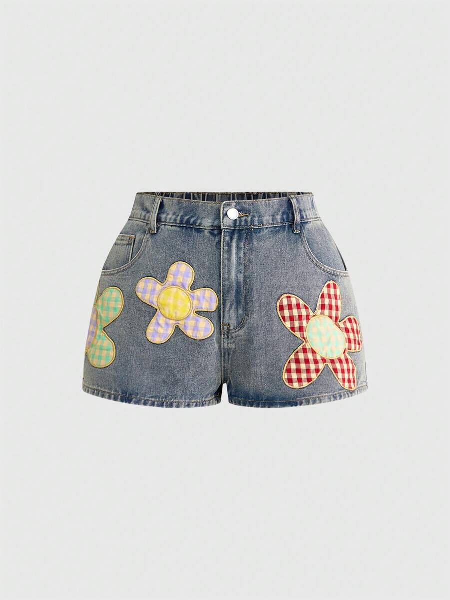 ROMWE Fairycore 大码可爱假日花卉刺绣休闲紧身牛仔超短裤 - 淺藍色 - 查看 1