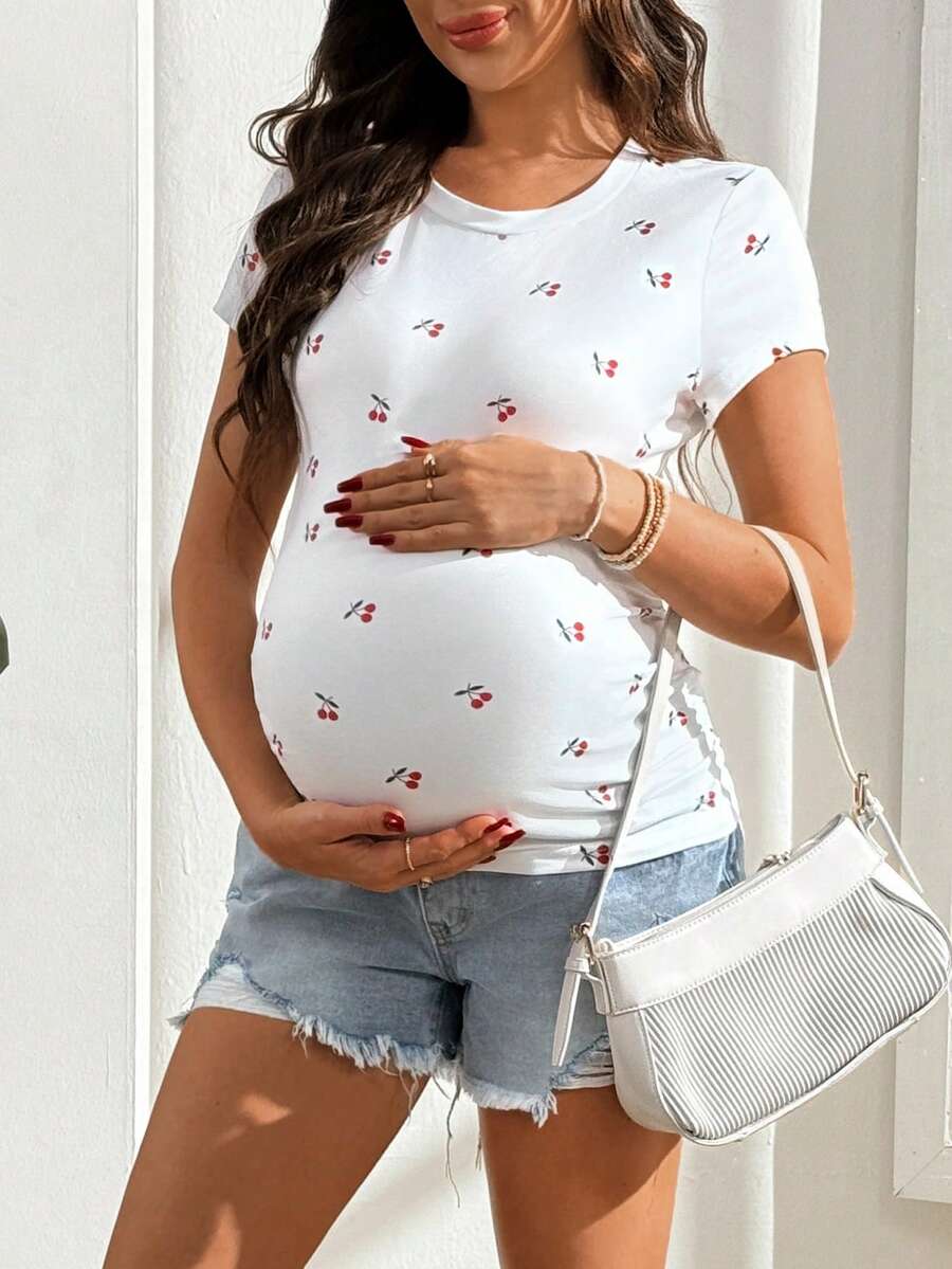 SHEIN Maternity Round Neck Cherry Print Fitted Short Sleeve T-Shirt - White - View 1