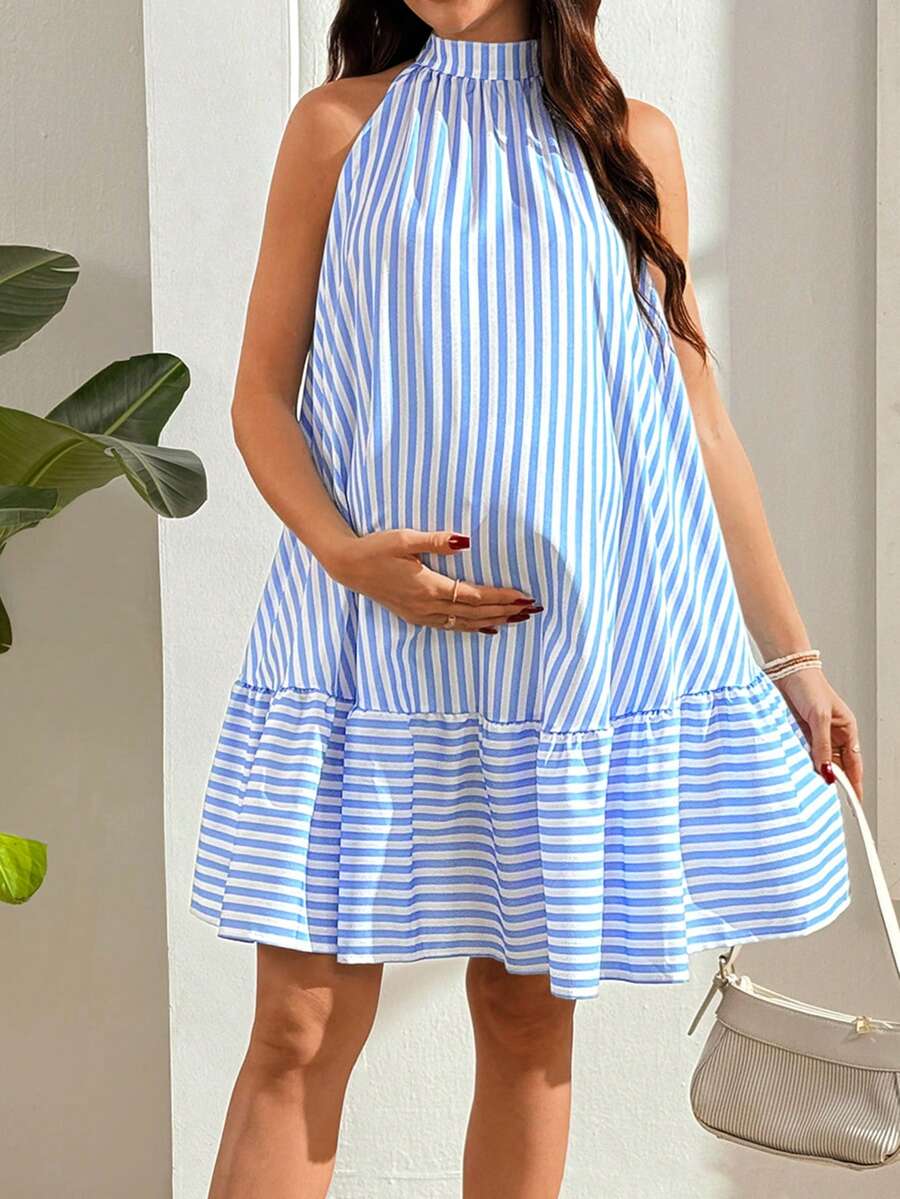 SHEIN Vestido de tirantes finos y sin mangas con falda acampanada a rayas - Azul y blanco - Ver 1