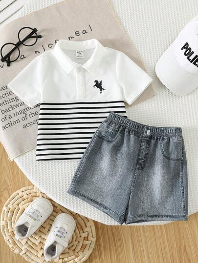SHEIN Set de 2 piezas para niño pequeño: Polo de manga corta con bloques de color y rayas, y pantalones cortos de punto. Conjunto de ropa para niño, estilo urbano, para primavera/verano