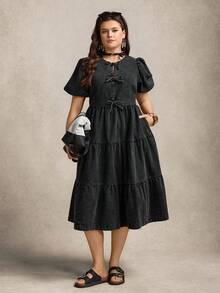 Zelara 大码女式中长雪花印花连衣裙 - 黑色 - 查看 5