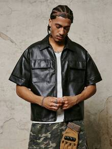 PAVTROS Men's Hip Hop PU Loose Short Sleeve Zip-Up Shirt - Black - View 4