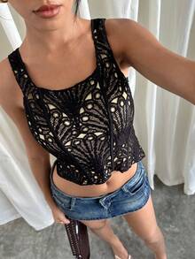 Siren Gaze 黑色纹理薄纱花卉蕾丝吊带背心，时尚女装外套 - 黑色 - 查看 6