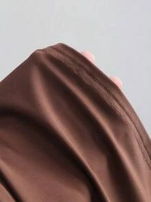 Sweetra Spring/Summer New Arrival Boat Neck Pleated Asymmetric Hem Top & Long Skirt Set, Fashionable Casual - Brown - View 3