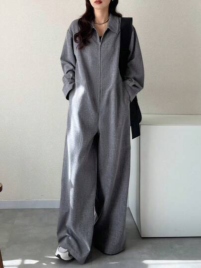 FRIFUL Women's Solid Color Shirt Collar Long Sleeve Metal Zipper Loose Casual Jumpsuit, Versatile For Spring/Summer