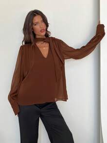 Aloruh 女士优雅通勤雪纺深V领系带长袖衬衫 - 棕色 - 查看 7