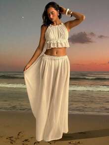 Aloruh 女士新款罩衫套装，复古浪漫优雅性感薄纱蕾丝拼接飘逸雪纺面料背心上衣搭配低腰A字长裙，女士度假装，女士沙滩装，女士两件套 - 白色 - 查看 4