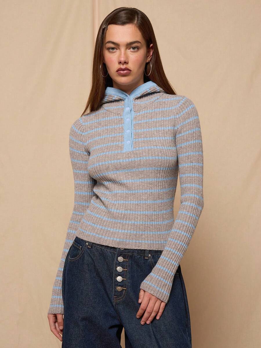 COUREZ 条纹罗纹针织连帽衫，带拇指孔 / Y2K 春季女装，可爱灰色连帽衫，外出上衣，夏季连帽衫，夏季穿搭 - 彩色 - 查看 1