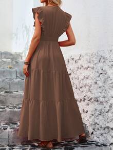 EMERY ROSE Ladies" Solid Color V-Neck Ruffle Sleeve Side Split Summer Dress Maxi Vacation Beach Outfits Women - Brown - View 2