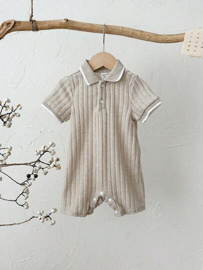 SHEIN New Born Baby Boy/Girl Khaki Textured Soft Knit Ribbed Polo Collar Short Sleeve Half-Zip Romper & Loose Shorts Set, Casual Cute Versatile Style Suitable For Spring/Summer Everyday Wear, Outings, Holidays