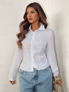 Sirith Camisa de manga larga de unicolor y estilo minimalista para mujer, para uso casual diario - Blanco - Ver 1